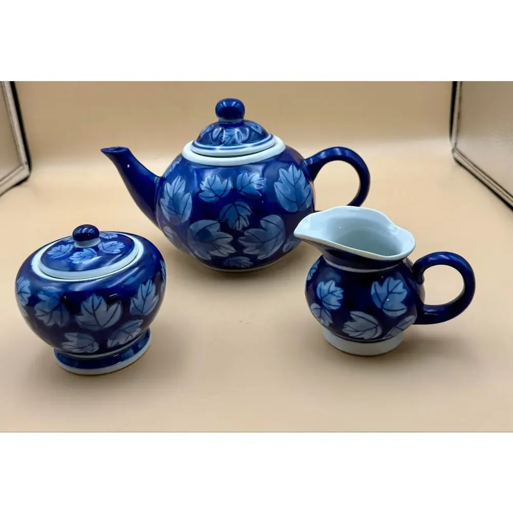DesignPac Cobalt Blue Leaf 3-Pc Tea Set Teapot Sugar Bowl Creamer China